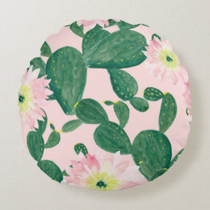 Cojín Redondo Flores de cactus: pintura acuarela