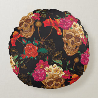 Cojín Redondo Flores De Calavera: Fondo Oscuro Sin Marea.