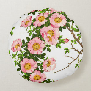 Cojín Redondo Flores de cerezo japonesas vintage, rosa y oro