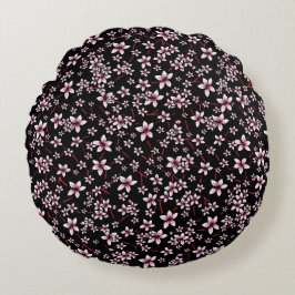 Cojín Redondo Flores de Cerezo Rosadas Sobre Negro