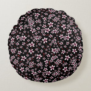 Cojín Redondo Flores de Cerezo Rosadas Sobre Negro