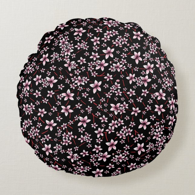 Cojín Redondo Flores de Cerezo Rosadas Sobre Negro (Anverso)