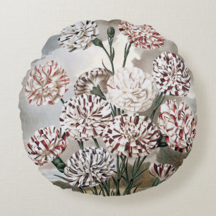 Cojín Redondo Flores de clavel variegado vintage con cielo gris