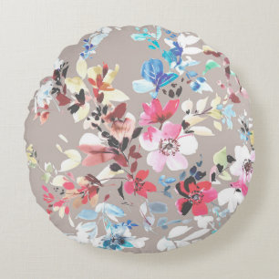 Cojín Redondo Flores de colores, diseño artístico de las hojas y
