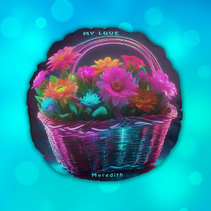 Cojín Redondo Flores de colores vivos en un monograma  