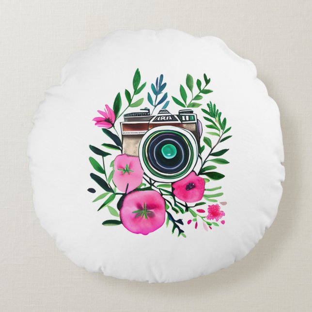 Cojín Redondo Flores de época y cámara retro personalizada (Anverso)