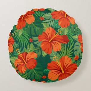 Cojín Redondo Flores de Hibisco Rojo Naranja Verde Follaje de la