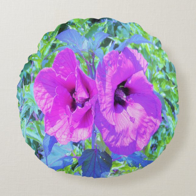 Cojín Redondo Flores de Hibiscus púrpura ultravioleta (Anverso)