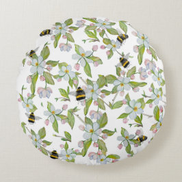 Cojín Redondo Flores de jardín de primavera y abejorros