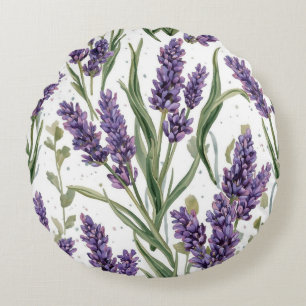 Cojín Redondo Flores de lavanda púrpura Botánico acuarela