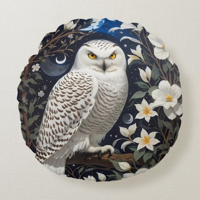 Cojín Redondo Flores de luna de búho de nieve (Anverso)