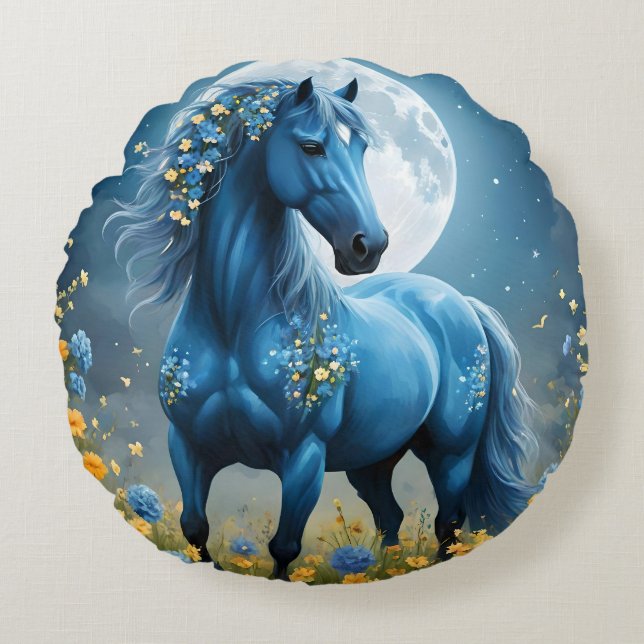 Cojín Redondo Flores de luna de caballo mágico azul, (Anverso)
