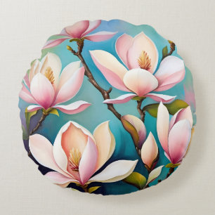 Cojín Redondo Flores de magnolia rosadas