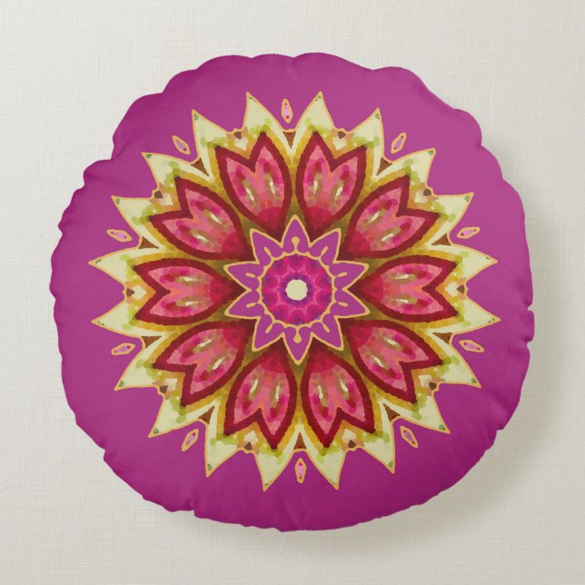 Cojín Redondo Flores de manta en magenta (Anverso)