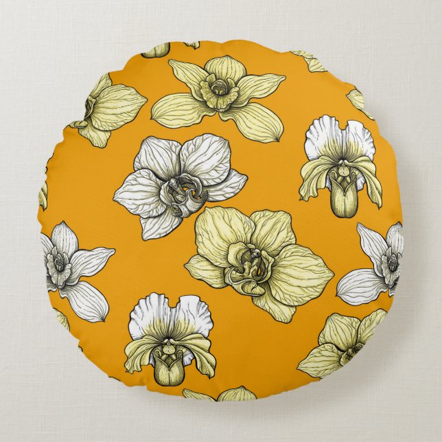 Cojín Redondo Flores de orquídea amarilla y blanca (Anverso)