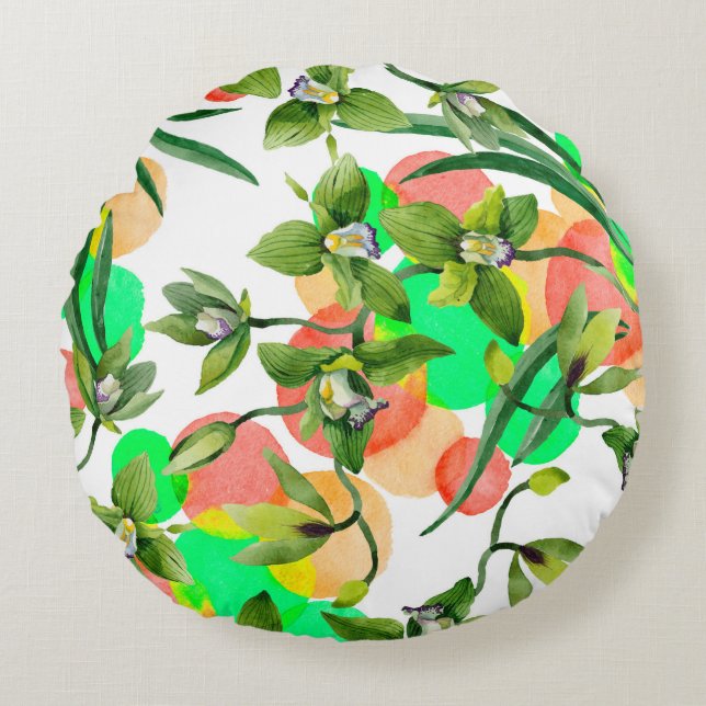 Cojín Redondo Flores de orquídea verde acuarela. Botánico floral (Anverso)