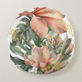Cojín Redondo Flores de orquídeas de jungla acuarela