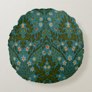 Cojín Redondo Flores de Otoño Vintage Verde Azul William Morris