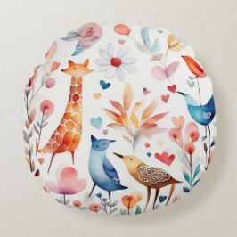 Cojín Redondo Flores de pájaros alegres y dulces alrededor de Pi