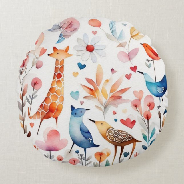 Cojín Redondo Flores de pájaros alegres y dulces alrededor de Pi (Anverso)