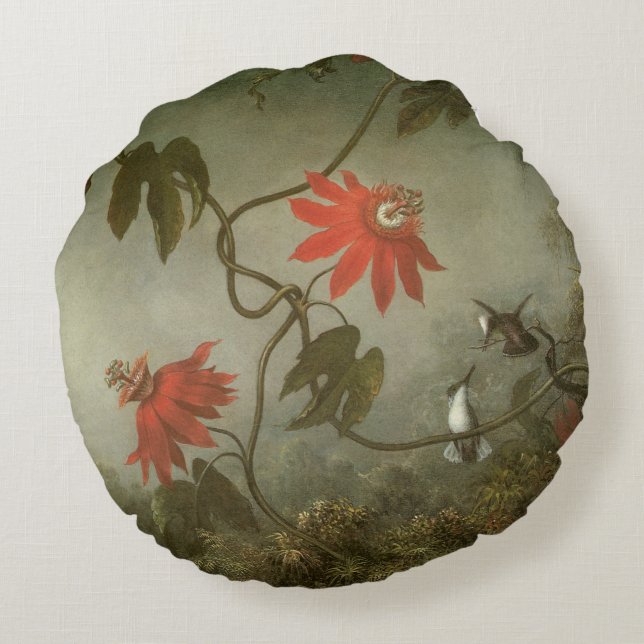 Cojín Redondo Flores de pasión y colibríes por Martin J Heade (Reverso)