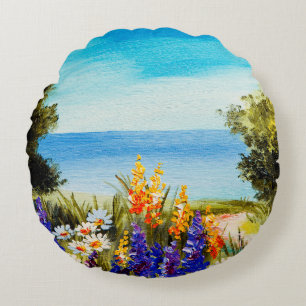 Cojín Redondo flores de pintura al óleo cerca del mar, campo de