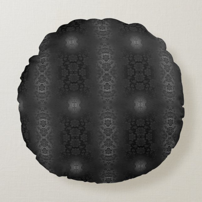 Cojín Redondo Flores de plata gris negro Floral elegante (Anverso)