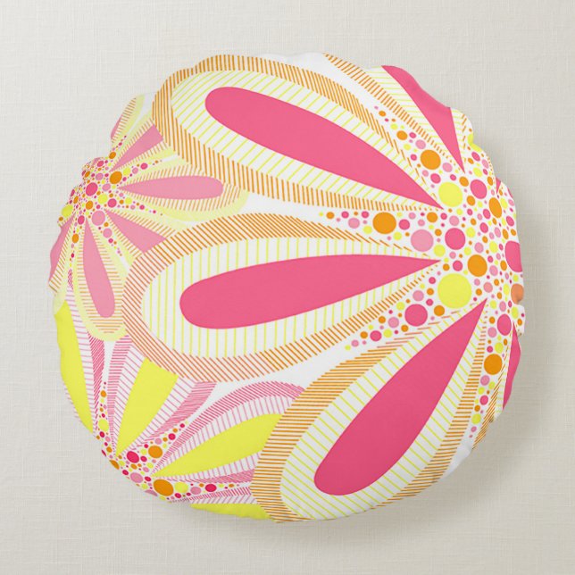 Cojín Redondo Flores de primavera amarillas y rosas (Anverso)