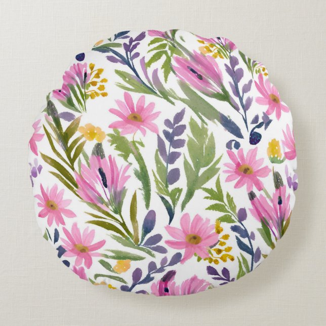 Cojín Redondo Flores de Primavera | Apreciables Flores Acuarela  (Anverso)