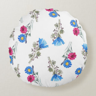 Cojín Redondo Flores de primavera rosada acuarela Botánica