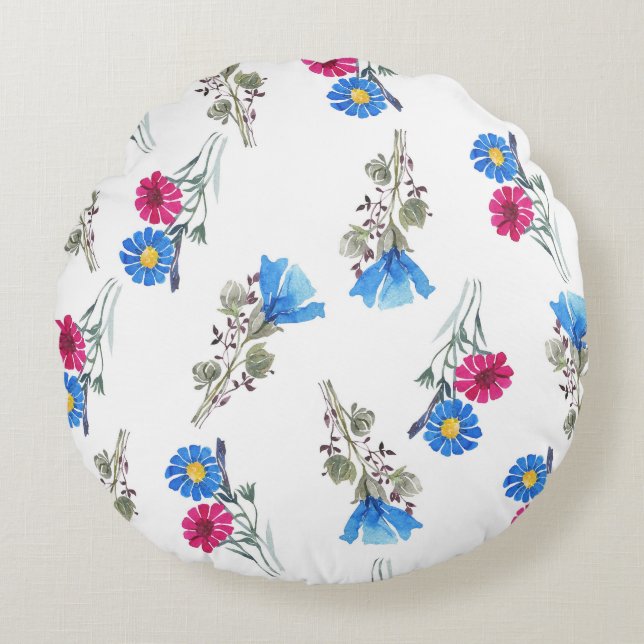 Cojín Redondo Flores de primavera rosada acuarela Botánica (Anverso)