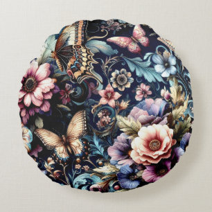 Cojín Redondo Flores de primavera y mariposas antiguas