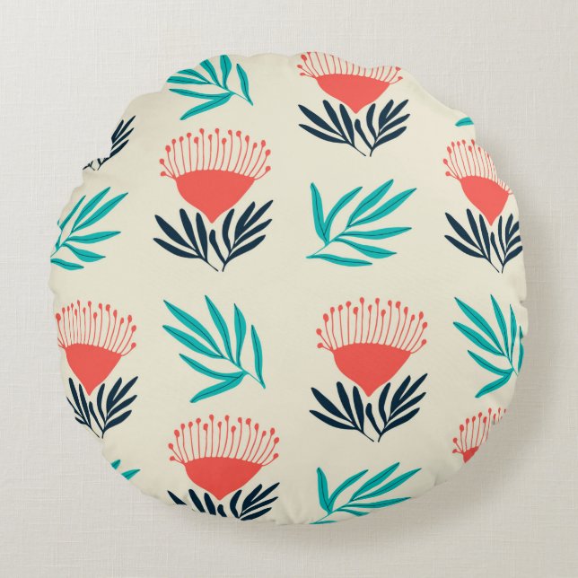 Cojín Redondo Flores de rojo australia, patrón de cosecha ininte (Anverso)