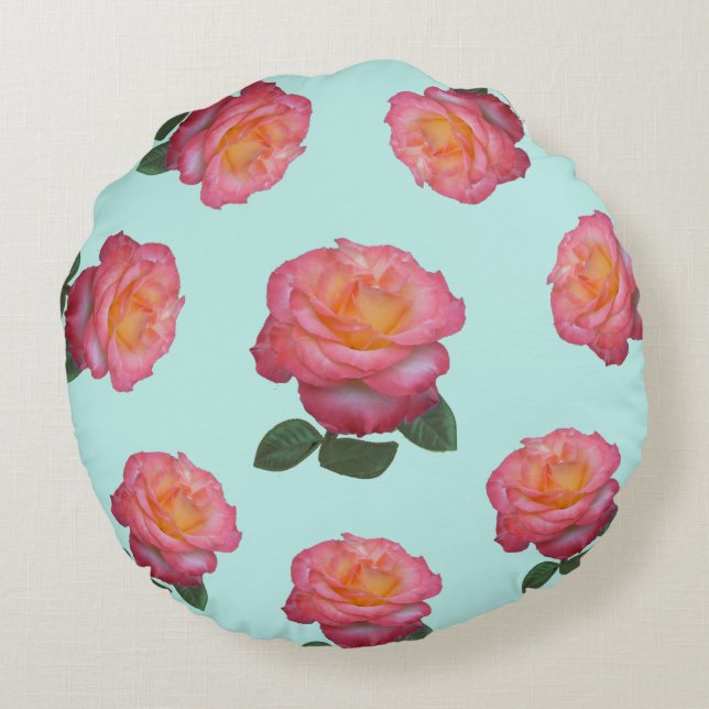 Cojín Redondo Flores de Rosa Rosa sobre Azul Claro (Reverso)