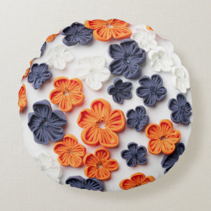 Cojín Redondo Flores de tela cosida artesanal de primavera azul 