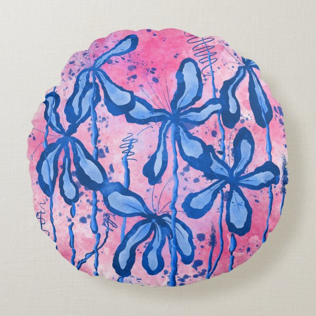 Cojín Redondo Flores De Tinta Abstracta Azul Rosa Lilis (Anverso)