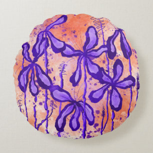 Cojín Redondo Flores De Tinta Abstracta Lilies Naranjas Púrpura