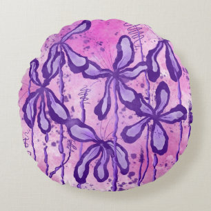 Cojín Redondo Flores De Tinta Abstracta Lilis Púrpura Rosa
