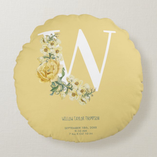 Cojín Redondo Flores de venado amarillas Estadísticas iniciales  (Anverso)