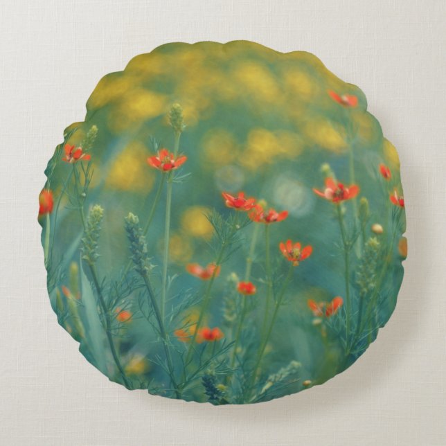 Cojín Redondo Flores de verano (Campo floral) (Flores rojas) (Anverso)