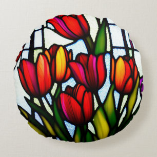 Cojín Redondo "Flores de vidrio pintado: Tulipanes de plomo en c