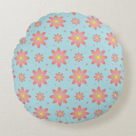 Cojín Redondo Flores delicadas de margarita rosa coral y azul su