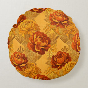 Cojín Redondo Flores Doradas Abundantes Art Déco Naranja