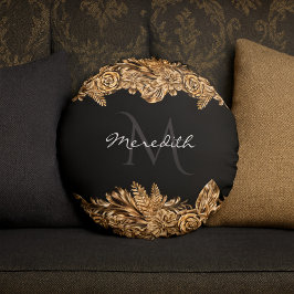 Cojín Redondo Flores doradas de lujo Moda elegante negro