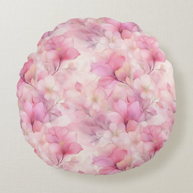 Cojín Redondo Flores Elegantes Pastel Rosa (Anverso)