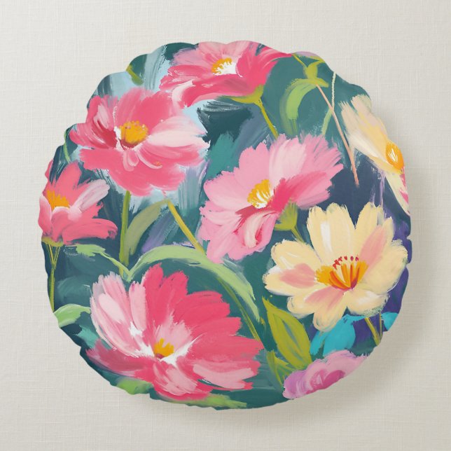 Cojín Redondo Flores en azul (Anverso)