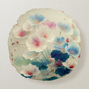 Cojín Redondo Flores en Flor - Arte Botánico en Suaves Pasteles
