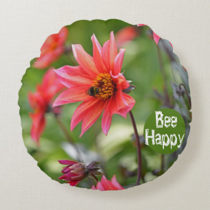 Cojín Redondo Flores felices rosadas y rojas de Dahlia Bee Happy