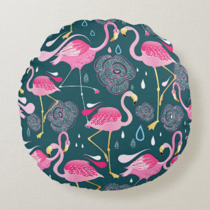 Cojín Redondo Flores Flamingos: Gráfica Oscura Sin Maravillas.