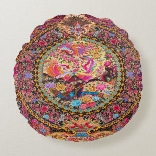 Cojín Redondo Flores florales persas azul oro rosado arte de pav